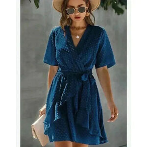 Swiss Dot Faux Wrap Dress with Lining Deep Blue Size S